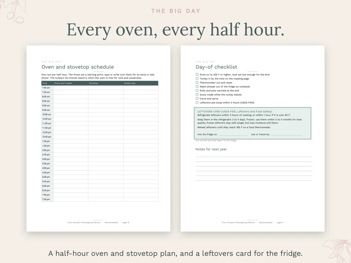 Half-hour oven schedule and day-of checklist