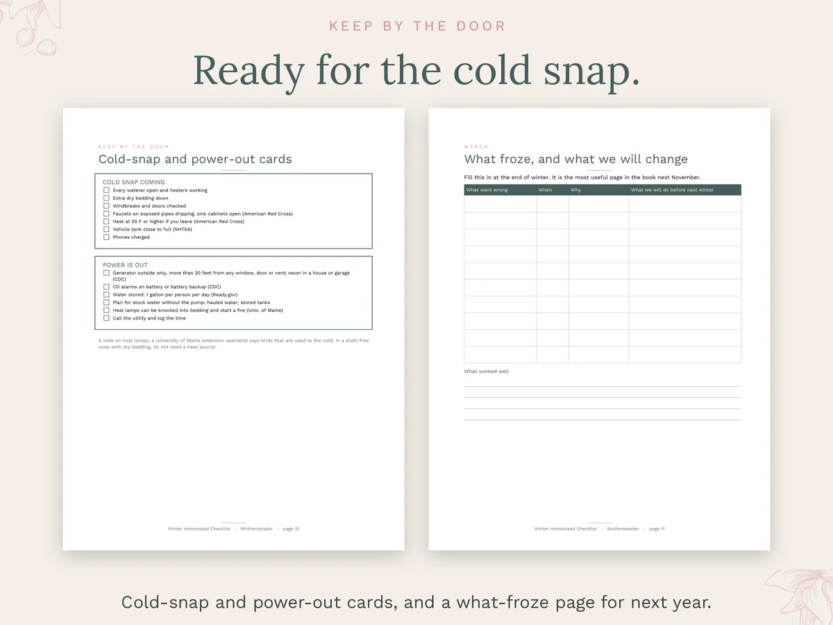 Cold-snap and power-out cards and the what-froze page